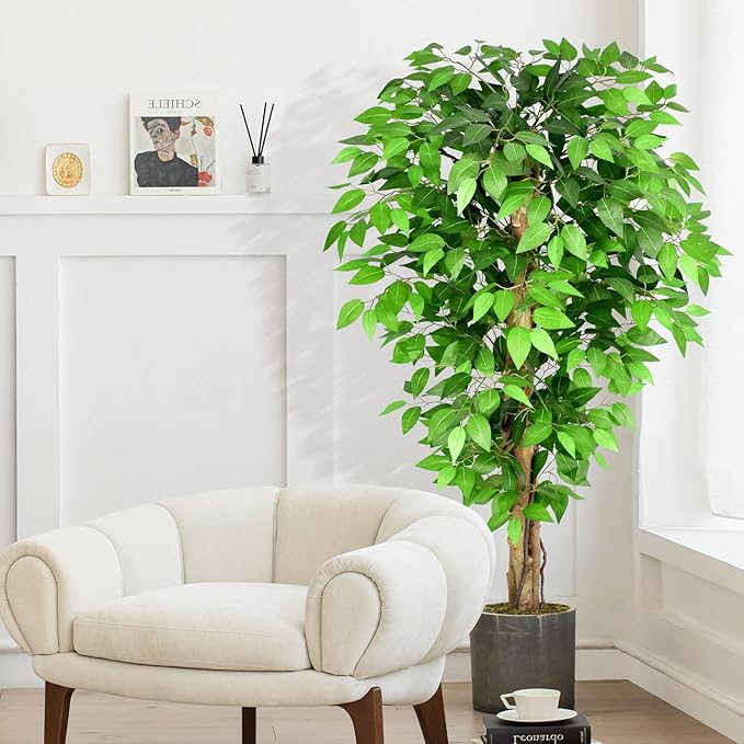 5ft Ficus Artificial Trees with Natural Curved Trunks, 60" Tall Lush Faux Tree for Home Decor Indoor, Green Lifelike Fake Ficus Tree Artificial Plants (Set of 2)