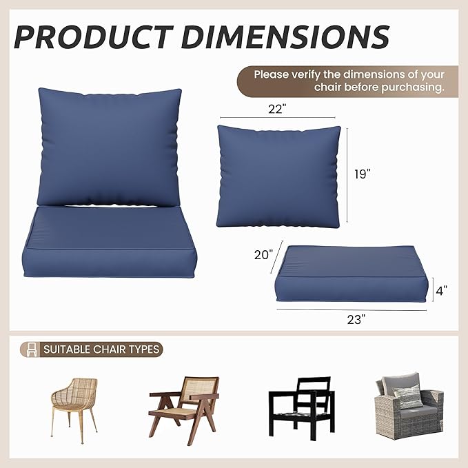 Amopatio Outdoor Cushions for Patio Furniture, Outdoor Chair Cushions Fits 8-seat Sectional Conversation Sets, Patio Replacement Seat Cushion for Patio Chairs (Navy)