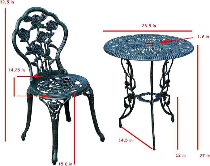 Oakland Living Cast Aluminum Conversation Set Metal Antique Green 3 Piece Patio Rose Bistro Set