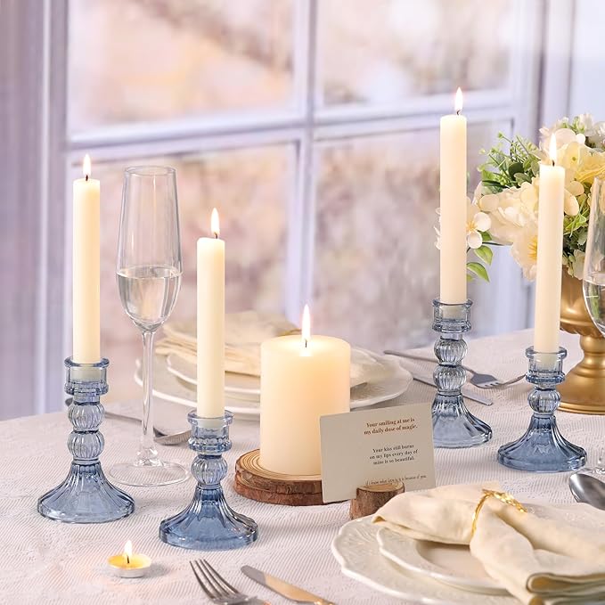 DARJEN 6Pcs Blue Candlestick Holders Set - 4" H & 5" H Striped Taper Candle Holders Bulk, Glass Candle Holders for Wedding, Festival, Party, Table Centerpiece, Gifts