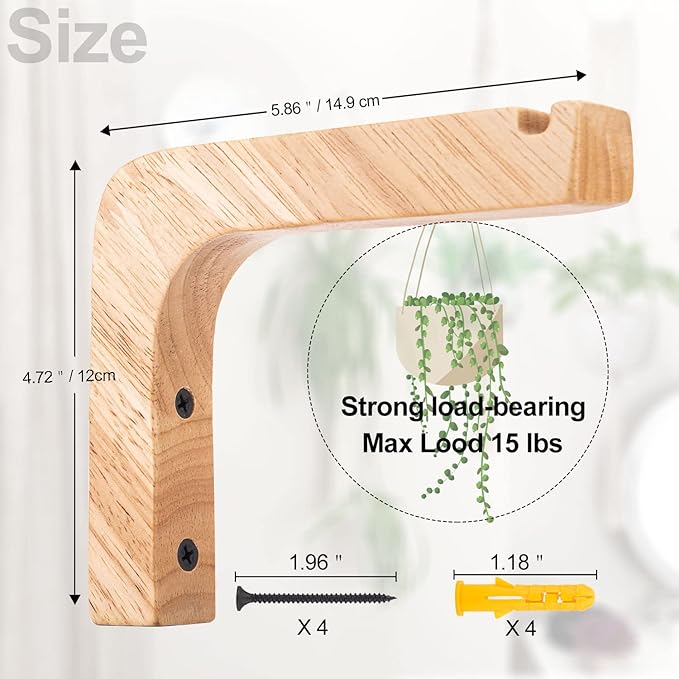 2 Pack Wooden Wall Hooks, Plant Hangers Indoor,6-Inch Wall Mounted Hanging Plant Hooks for Planters, Lanterns, Flower Bracket, Wind Chimes Burlywood Color