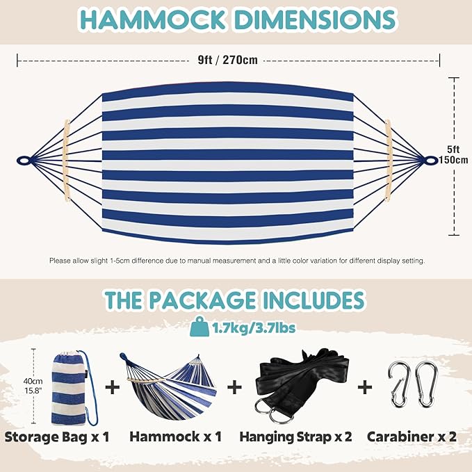 Anyoo Garden Cotton Hammock Comfortable Fabric Hammock with Spreader Bar Sturdy Hammocks Up to 450lbs Portable Lightweight Hammocks with Travel Bag for Camping Outdoor/Indoor Patio Backyard