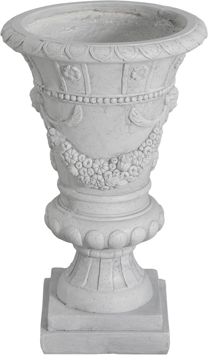 Christopher Knight Home Jorine Light Concrete Planter, Patio Planter, Mid-Centry Gadern Urn, Large Garden Pot, Floral Statue Design, Flower Urn with Drainage Hole for Backyard Home, Light Gray