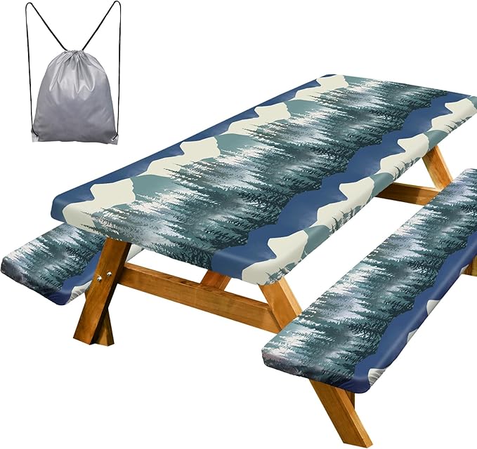 ICOSY Picnic Table Cover with Bench Covers 30 x 72 inch, Windproof Camping Essentials Table Cloths Fitted Rectangle Tablecloth for 6 Foot Tables, Camping Gifts Accessories for RV Campers