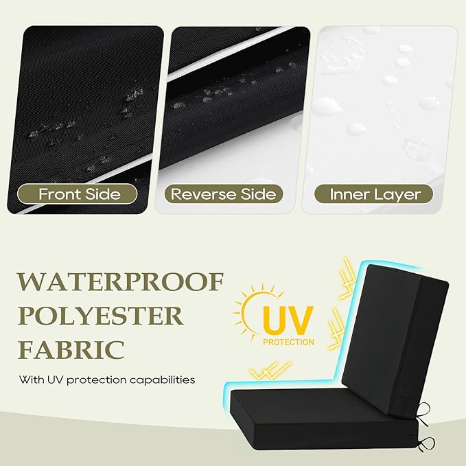 Wellsin Outdoor Cushions for Patio Furniture, Waterproof Outdoor Seat Cushions with Ties and Handle, Outdoor Cushions 24 X 24, Outdoor Deep Seat Cushions with Removable Cover, Black