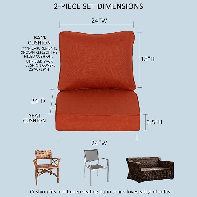 24x24 Inch Outdoor Deep Seat Cushions Set of 2,Thick High-Density Foam, Water-Resistant, Piped Edges & YKK Hidden Zipper for Patio Furniture,Quarry Red