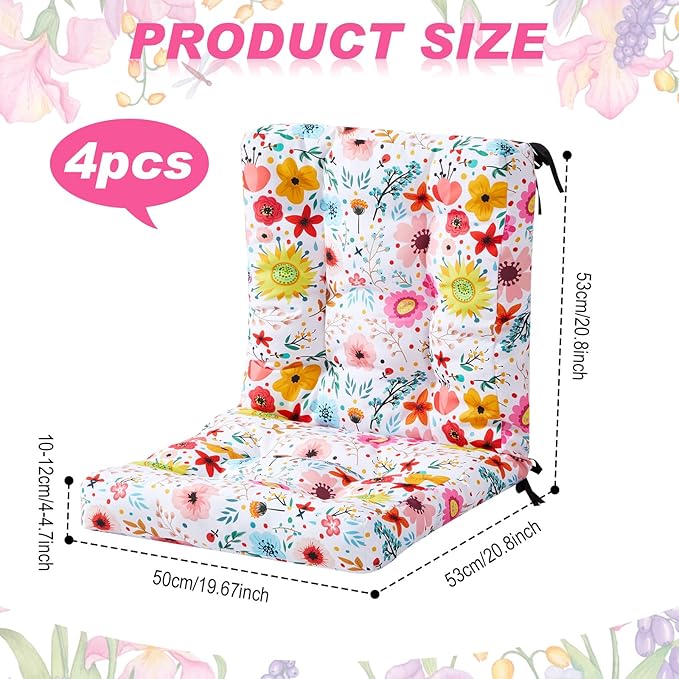 Hoteam 4 Set Outdoor Deep Seat Patio Chair Cushions Waterproof Patio Cushions Set 20 x 42 Inch for Furniture Replacement Removable Seat and Back(Watercolor Flowers)