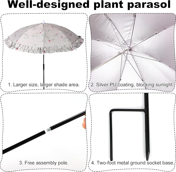 2pcs Mini Adjustable Floral Plant Umbrellas, Lace Garden Sun Shade with Metal Poles & H-Shaped Stakes Outdoor Parasols for Potted Plants Flowers Fruits Vegetables