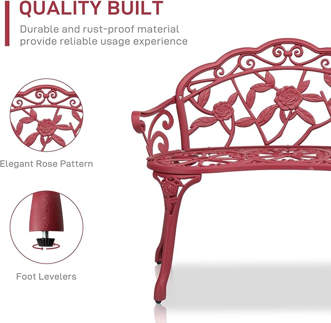 Outvita Outdoor Cast Aluminium Bench - Anti-Rust Weather Resistant Patio Bench, Rose Pattern, 39" H x 59" L x 22" D