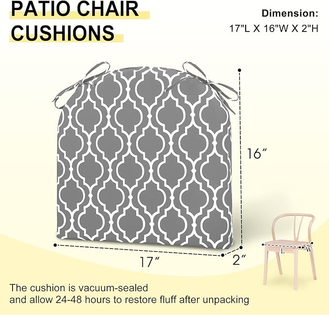 downluxe Outdoor Chair Cushions Set of 4 for Patio Furniture, Water-Resistant Patio Chair Cushions with Ties, High Density Foam Outdoor Seat Cushion, 17" X 16" X 2", Grey Gourd