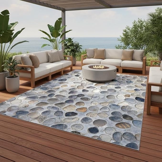 Modern Mixd Color Pebbles Outdoor Rugs for Patios Deck Backyard Porch Balcony Garden Camping Poolside Carpet Comfort Non Slip Thin Waterproof Durable Reversible Quick Dry Low Pile Floor Mat 10x14