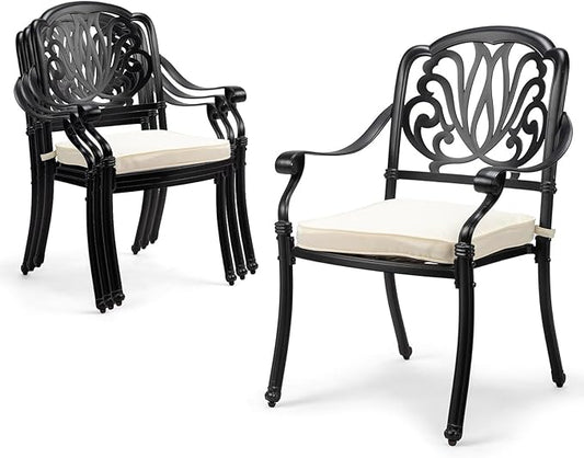VINGLI Patio Chairs Set of 4 - Stackable Outdoor Cast Aluminum Dining Chairs with Vintage Black Finish and Floral Pattern, Metal Armchairs for Poolside, Backyard, Balcony (with Cushion)