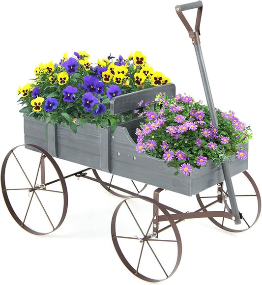 Goplus Wagon Planter, Decorative Wooden Garden Planter with Wheels, 2 Planting Sections and Adjustable Handle, Indoor Outdoor Backyard Balcony Decor (Gray)