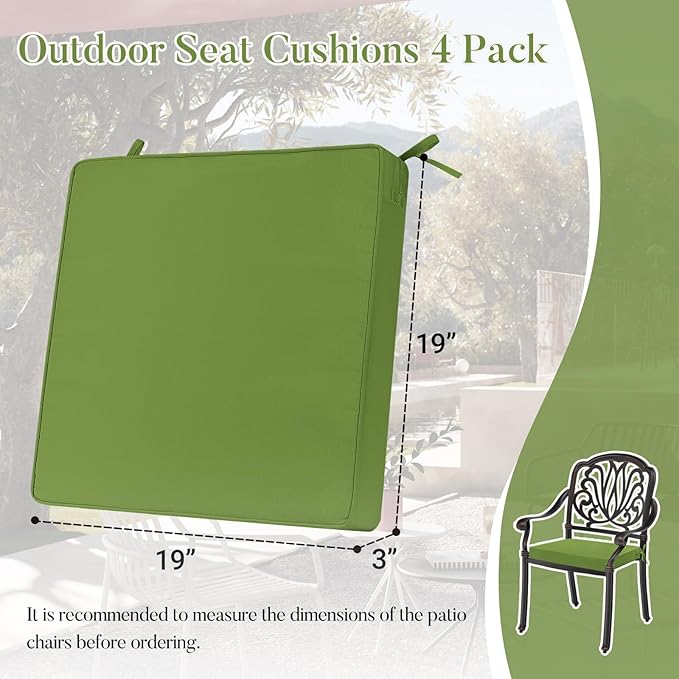 Basic Beyond Outdoor Chair Cushions for Patio Furniture, Waterproof Outdoor Seat Cushions Set of 4 19 x 19, Patio Chair Cushions Set of 4 with Ties and Handle, Grass Green