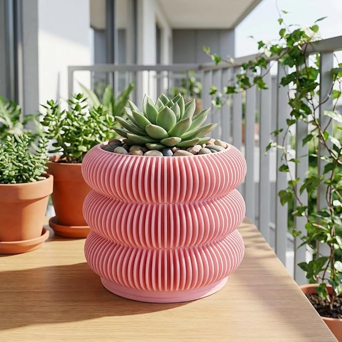 Fabix 4.7" 3D Printed Plant Pots - Unique Bubble Ring Modern Planters for Indoor Plants, Durableo-Friendly PLA Flower Pots with Drainage for Succulents, Cactus, Home Office Décor.(Cherry Pink)