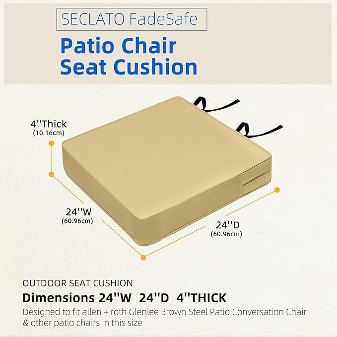 Patio Chair Cushion 24" Square Waterproof Outdoor Seat Cushions for Patio Furniture Garden Sofa Couch Chair Cushions with Handle and Adjustable Straps (2 Pack, Beige)