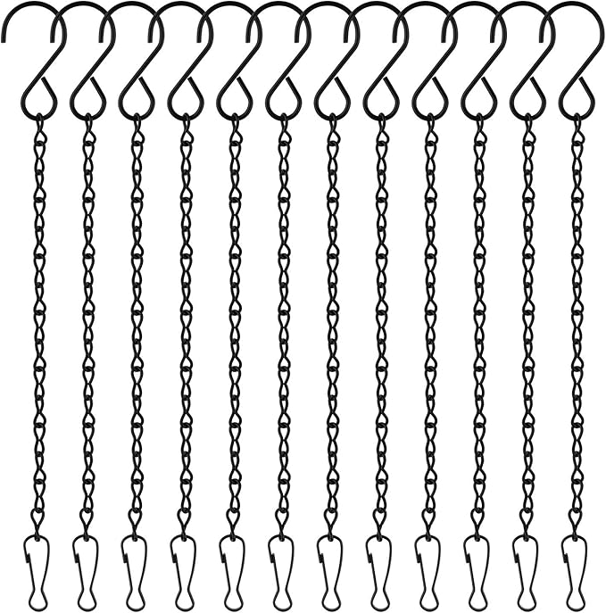 FEPITO 12 Pack Black Hanging Chains, 10 Inch Hanging Basket Chains, Garden Plant Hangers Metal Chains with Hooks Clips for Bird Feeders, Wind Chimes, Lanterns, Planters, Decorative Ornaments