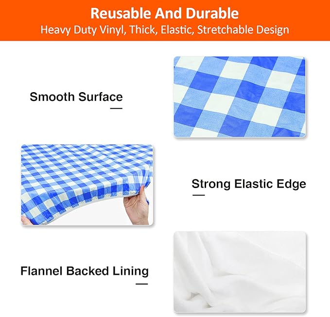 KENOBEE 6ft Picnic Table and Bench Cover, Camping Essentials RV Gear, 72in Waterproof Windproof Outdoor Elastic All Around Tablecloth, Fitted Rectangle Tables and Seats, Blue-White Checkered
