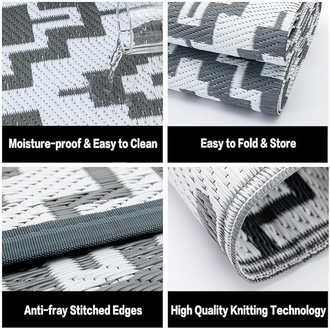 HUGEAR Outdoor Plastic Straw Rug, Waterproof Outdoor Rugs for Patios Clearance, Reversible Area Rug, Large Outside Carpet for Camping, Balcony, RV, Deck, 8x10ft Geometric/Gray&White