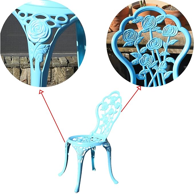 KAILI Outdoor Furniture Bistro Set with Rose Pattern 1 Table 2 Chairs for Garden Patio Porch (Rose-Light Blue)