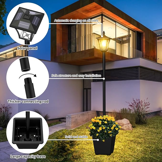 64 Inch Solar Lamp Post Light with Planter, 60 High Lumens Street Light, Solar Post Lights Waterproof for Garden, Pathway, Lawn, Driveway, Front Back Door Outdoor Pole Lamp（Warm）