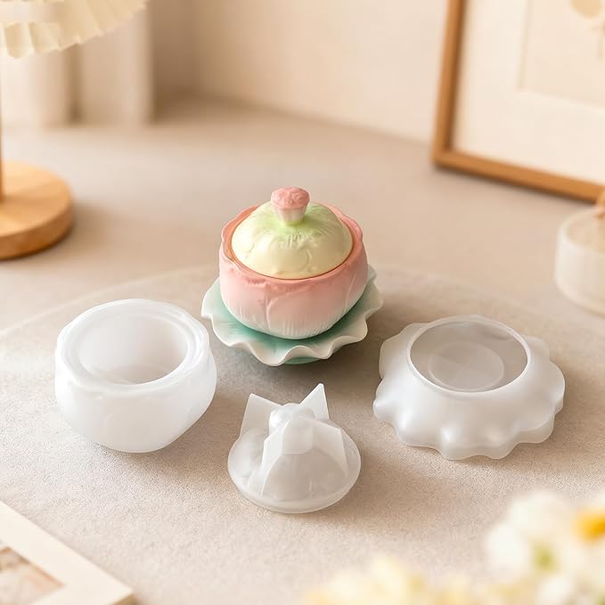 3Pcs Lotus Flower Jar & Leaf Tray Silicone Mold Set with Lid, Epoxy Resin Candle Making Molds, Concrete Planter Molds for DIY Jewelry Box, Candy Dish, Soap Holder, Home Decor Craft Gifts