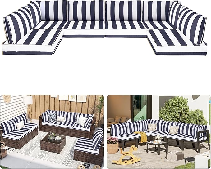 Patio Sectional Cushions, 14-Piece Replacement Cushions for Outdoor Furniture, Water-Resistant Outdoor Sofa Cushion for 6-Seat Rattan Wicker Sectional Conversation Sets (Navy Blue & White Stripes)