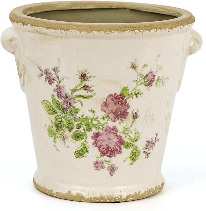 Vintage Ceramic Flower Pot with Drainage Holes and Handle,Ice Crack Country Rustic Planters for Indoor Outdoor,Tuscan Decor,Home and Garden Decor,Gardening Present