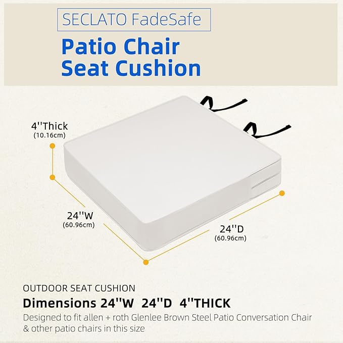 Patio Chair Cushions 24x24x4 Inch, Waterproof Outdoor Seat Cushions with Adjustable Straps & Handle, Thick High-Density Foam, Fade-Resistant, Machine Washable, 2 Pack Light Grey