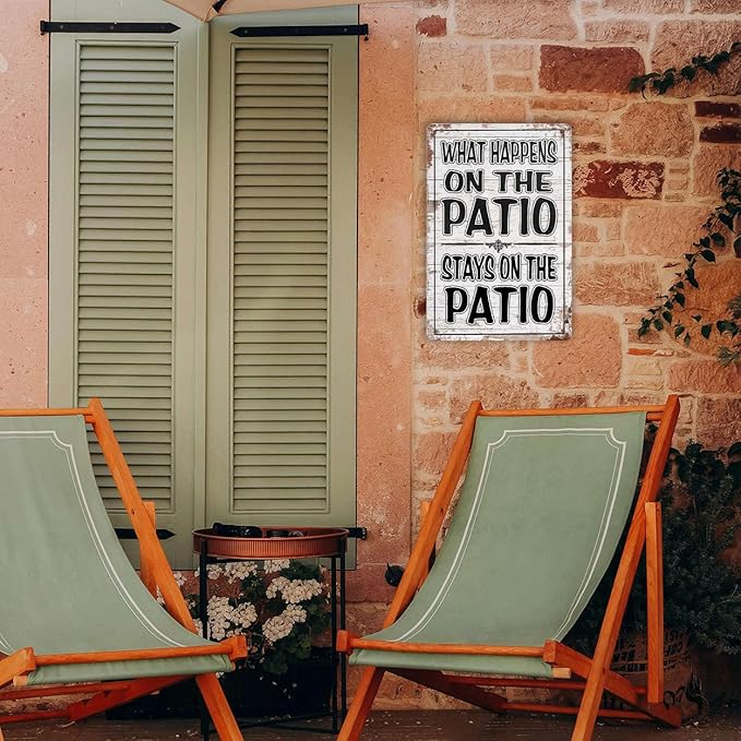 Funny Patio Signs Outdoor Patio Decor Backyard Bar Metal Signs For Outside Pool Tin Signs Patio Wall Decorations Outdoor Porch Accessories What Happens On The Patio Stay On The Patio Sign 8x12 Inches
