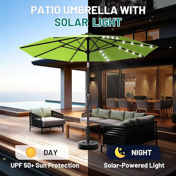AreShark 9FT Patio Umbrella with Solar Lights, 32 LED Lighted Pool Umbrella w/Tilt and Crank, Outdoor Market Solar Umbrellas for Garden, Deck, Backyard, Pool and Beach, Apple Green