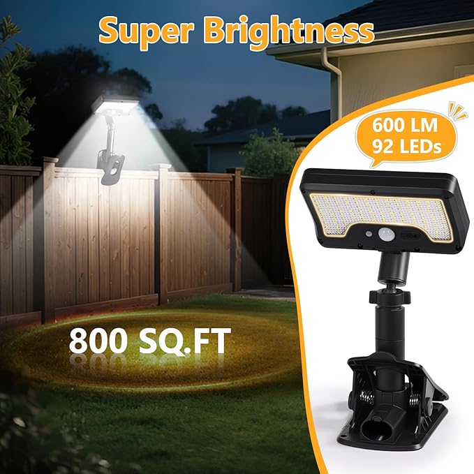 Clip On Solar Lights Outdoor with Motion Sensor, 360°Rotatable & Vertically Adjustable Solar Fence Lights with 92 LEDs (600 LM, 6000 K),IP65 waterproof Security light for deck, Gutter, Camping(2 Pack)
