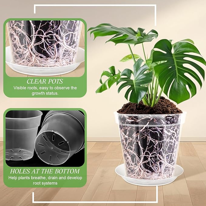 Vesici 6 Sets 4/5/6/7/8/9 Inch Clear Nursery Pots with Saucer Pack Variety Plastic Clear Plant Pots with Tray Drainage Hole for Indoor Plants Flowers Garden