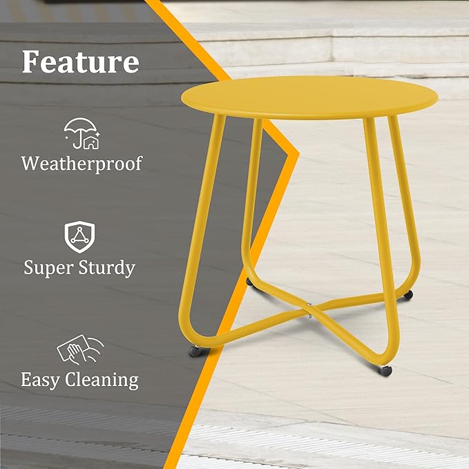Patio Side Table Waterproof Round Metal Steel Weather Resistant Portable Outdoor and Indoor End Table for Garden Balcony Yard, Lemon Yellow