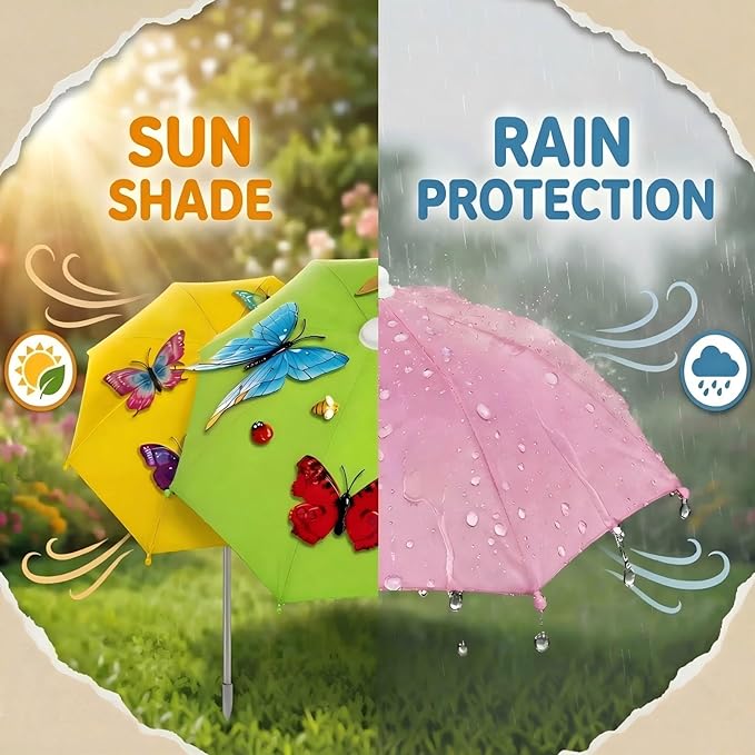 3 pack Plants Umbrellas for Outdoor Plants, Garden Small Umbrellas for Potted Plants & Garden Beds Provide Sun Shade and Rain Protection with 12 Butterflies and 8 Insect Accessories