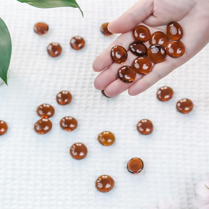 CYS EXCEL Amber Glass Gemstone Beads Vase Fillers (1 LB) Flat Marble Beads Multiple Color Choices Aquarium Decor Rocks Floral Stones Decorative Mosaic Glass Gem Pebbles (Approx. 85-100 PCS)