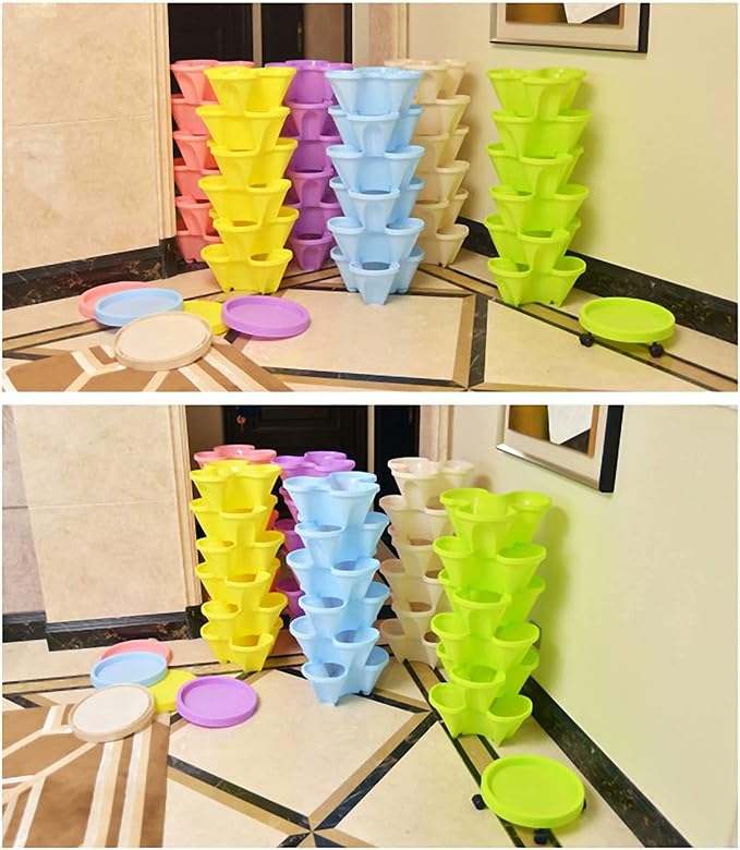 Tier Stacking Flower Pot Tower Stackable Vertical Plastic Garden Planter Vegetable Flower Strawberry Planter Pot-Space Saving Set, Pink