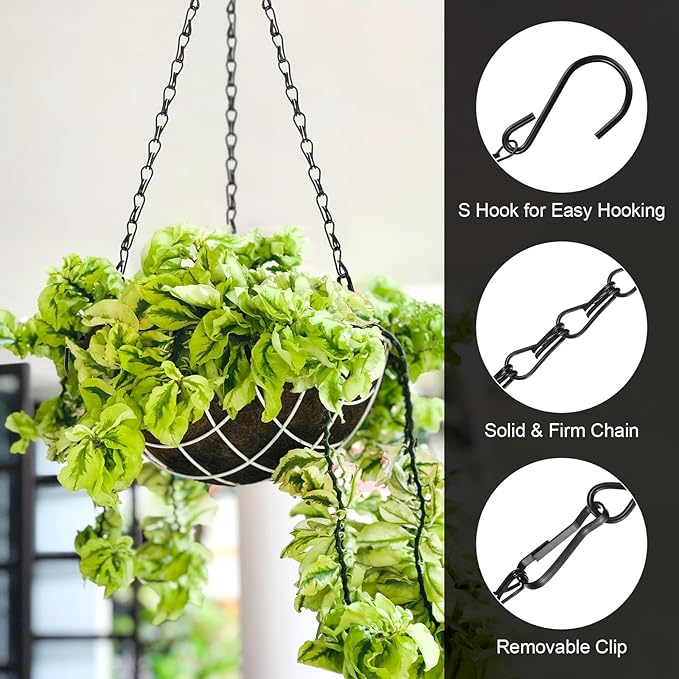 6-Pack Chain for Hanging Plants, 33cm(13 Inch) Adjustable Hanging Chain with Hooks for Bird Feeder/Planter/Lantern/Wind Chime, Iron Basket Extender Hanger [Black]