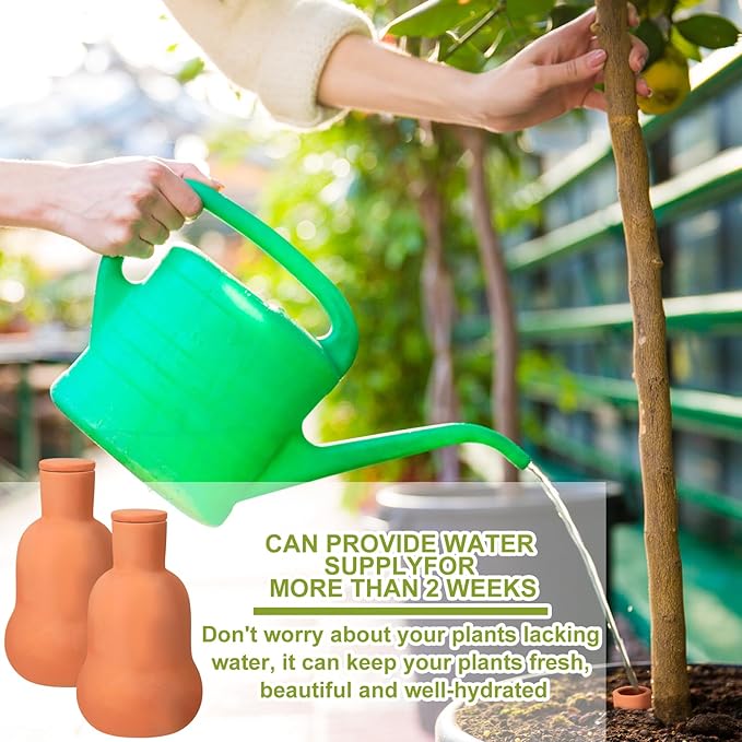 2 Pcs Olla Terracotta Watering Pot with Lid Large15 oz Terra Cotta Self Watering Pots for Indoor Outdoor Plants Self Irrigate Spikes Ceramic Plant Waterer Set (Cute)