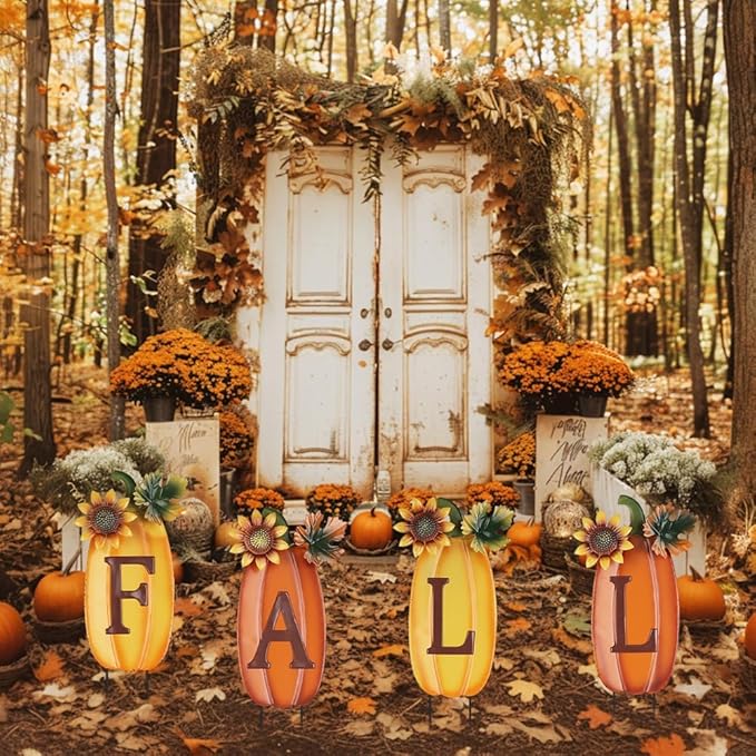 hogardeck Outdoor Fall Thanksgiving Decorations for Home, 4 PCS Metal Pumpkin Decorative Garden Stakes with Sunflowers for Fall Decorations, Yard Signs for Garden Home Lawn Patio