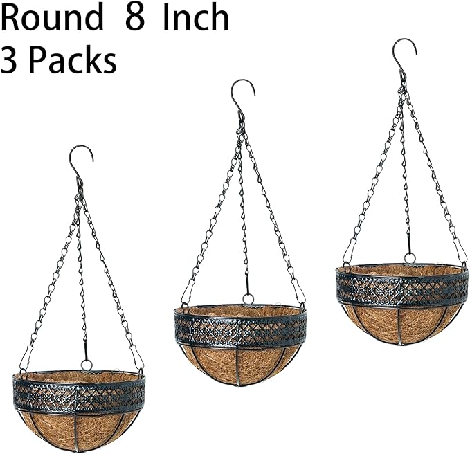 LX7 3-Pack Hanging & Wall-Mounted Plant Baskets with Natural Coconut Fiber Liner, Decorative Planters for Home Garden Patio Yard (3Pack EXPHanger, 8Inch)
