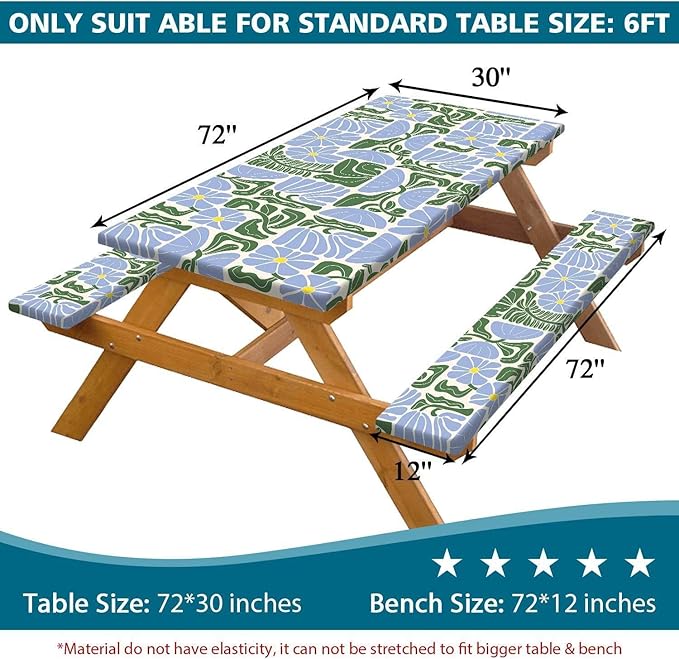 Picnic Table Covers with Bench Covers Boho Patchwork Blue Green Flower Pattern Camping Tablecloth Fitted Picnic Table Cover with Elastic Windproof Waterproof, Camping Accessories Outdoor, 96In 3PCS