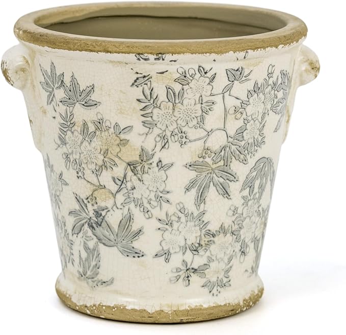 Vintage Ceramic Flower Pot with Drainage Holes and Handle,Ice Crack Country Rustic Planters for Indoor Outdoor,Tuscan Decor,Home and Garden Decor,Gardening Present