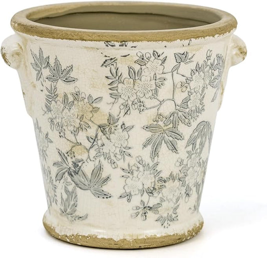 Vintage Ceramic Flower Pot with Drainage Holes and Handle,Ice Crack Country Rustic Planters for Indoor Outdoor,Tuscan Decor,Home and Garden Decor,Gardening Present