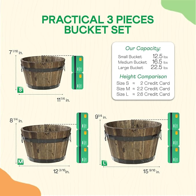 Idzo Set of 3 Wooden Flower Planters for Outdoor Plants, Acacia Wood Barrel Planters, Ergonomic Handles, Drainage Holes, Various Sizes, Walnut