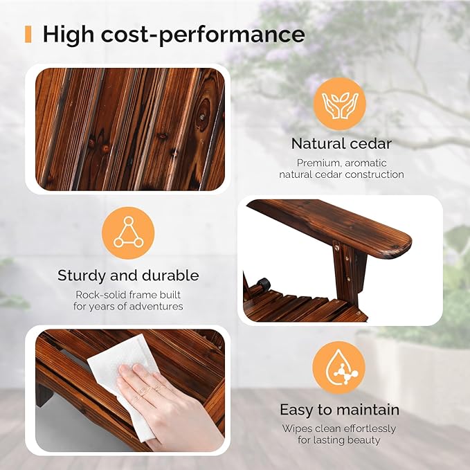 VINGLI Folding Adirondack Chairs Set of 2, Wood Adirondack Chair for Outdoor, Foldable Fire Pit Chairs for Patio, BBQ, Porch, Yard, Pool, Carbonized