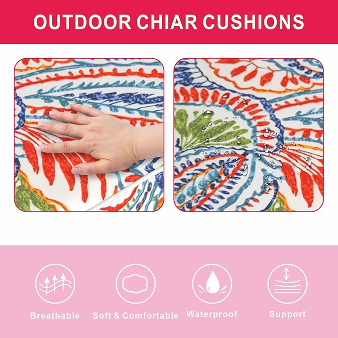 Outdoor Chair Cushions 19 x 19 Inch Set of 2 Water Resistant Seat Cushions with Ties, Outdoor Cushions for Patio Furniture with 3-Year Fade Resistant