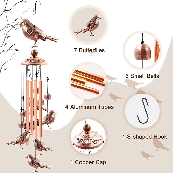 Wind Chimes Outdoor Clearance, Ukulork Birds Aluminum Tube Windchime with S Hook,Patio Garden Decor, Housewarming Gift.