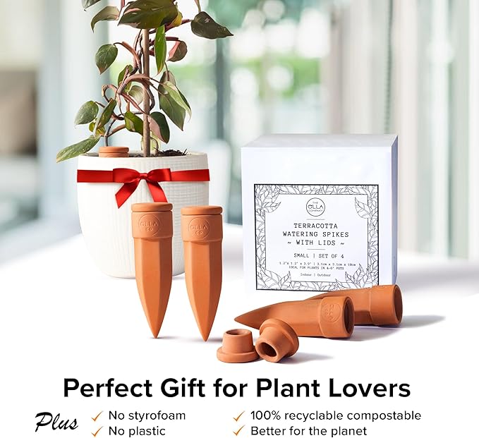Plant Watering Spikes with Lids - Ideal for 4”-6” Pots - Vacation Friendly - Terracotta - Small - Set of 4