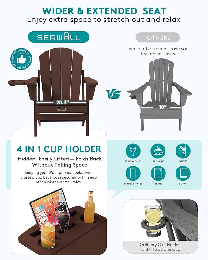 SERWALL Folding Adirondack Chair Set of 2, HIPS Adirondack Chairs with 4 in 1 Cup Holder, Weather Resistant Plastic Chairs for Patio Garden Outdoors Fire Pit-Coffee